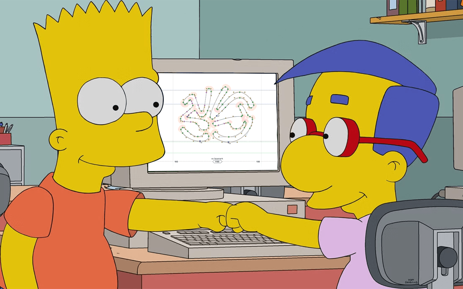Funny illustration of Bart and Milhouse from The Simpsons working together on a computer, with the Sale Character facemark on the screen, representing creative collaboration.